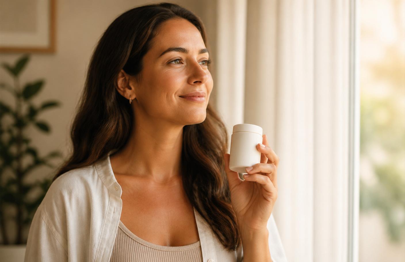 Woman holding her personalized medication bottle, feeling hopeful and confident